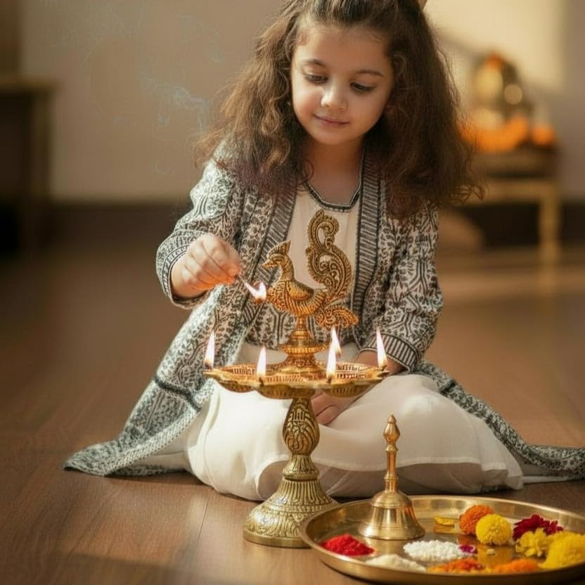 Image of Kridaykraft Metal Peacock Diya Samai Oil Lamp, Gold Finish, Traditional Indian Decor, 19 cm Height, 270 gm, Handcrafted Design