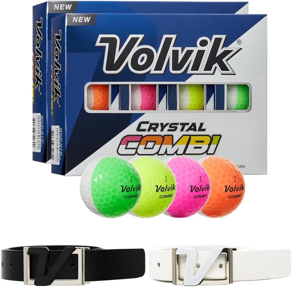 Volvik New Crystal Combi Dual Color Golf Balls Bundle with Genuine Italian Real Solid Leather Belt, Unisex