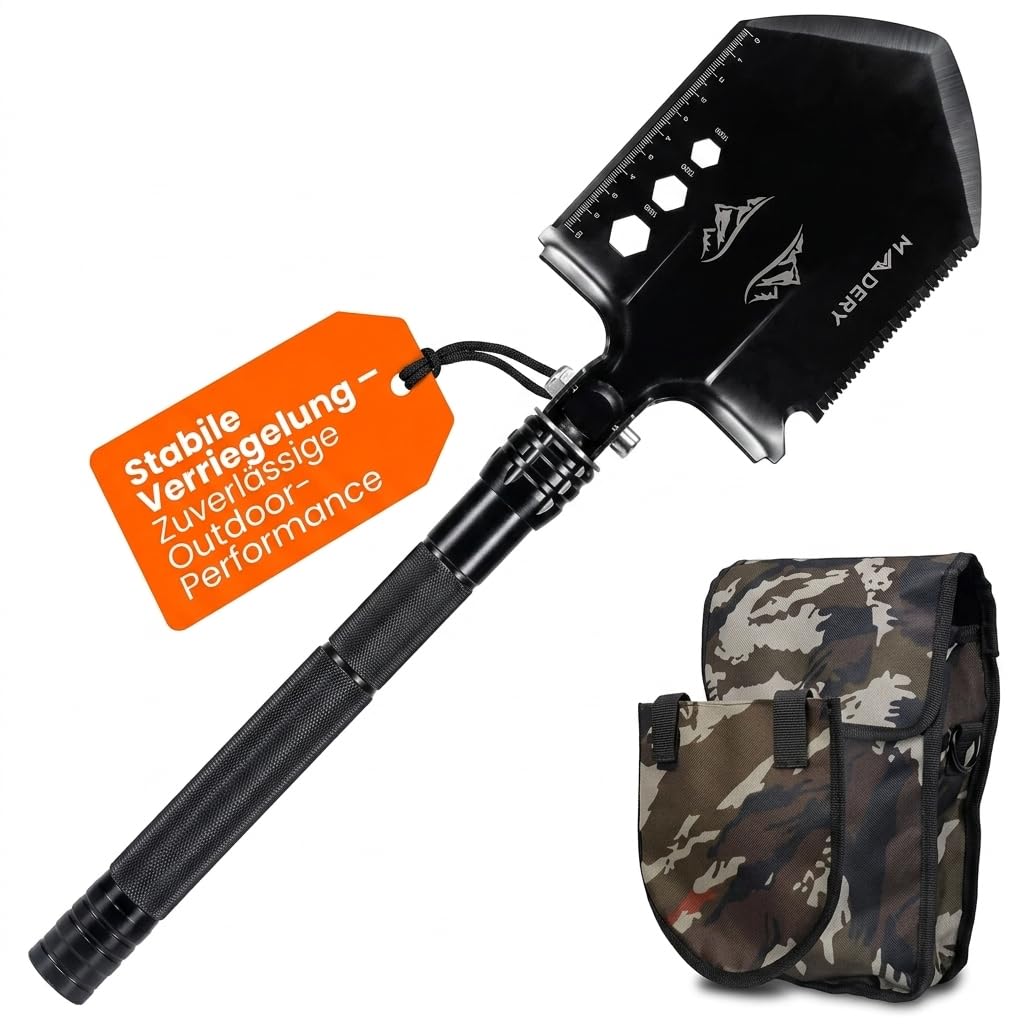 Klappspaten 11-in-1 Edelstahl Survival Schaufel | mit Tasche, für Camping, Auto & Garten, Geschenkidee für Männer