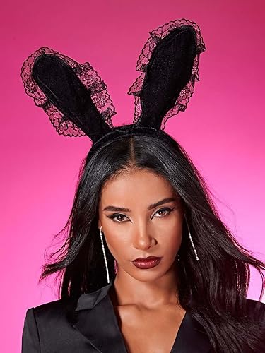 Miniatura 4 de Catery Diadema sexy con orejas de conejo, aro de encaje negro, diadema de velo de encaje negro, disfraz de cosplay, discotecas, mascarada,