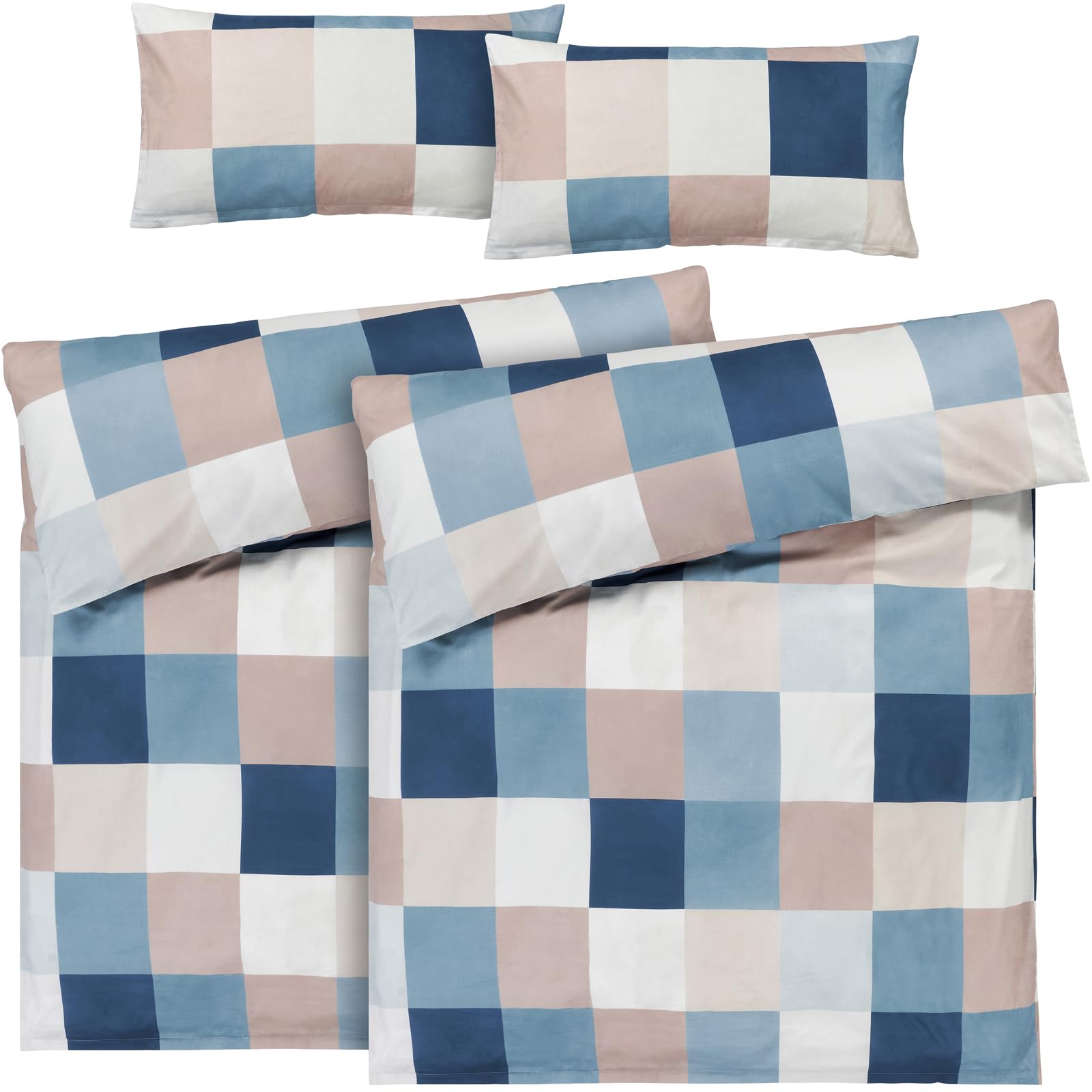 Pure Label Karierte Bettwäsche Set 4tlg 155x220 40x80 blau aus Baumwolle | Waschbar bei 60∘C - Atmungsaktiv für Sommer & Winter - pflegeleicht