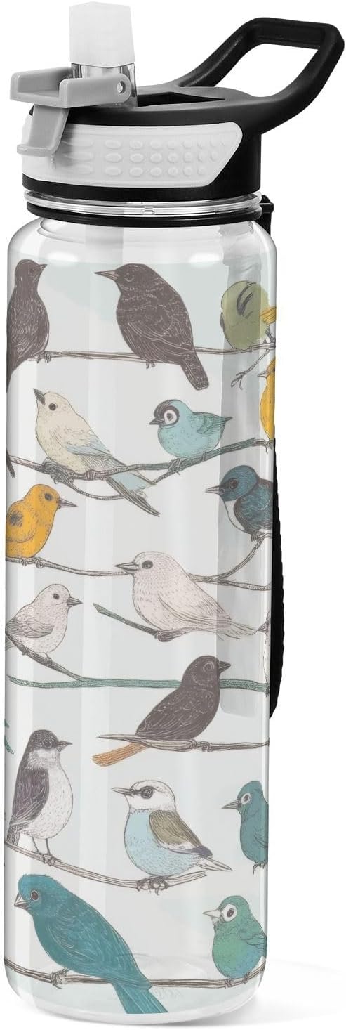 Birds on Branches Water Bottle with Straw Lid 32oz Leakproof Clear Gym Water Bottles for Women Men Outdoor Sport Drinking