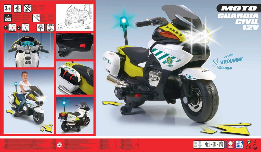 FEBER - Moto de policía de la Guardia Civil, Infantil, Batería 12V, Dispone de Luces y Sonido, 2 Velocidades, Peso Máximo Soportado de 30 kg, Famosa (800012841)
