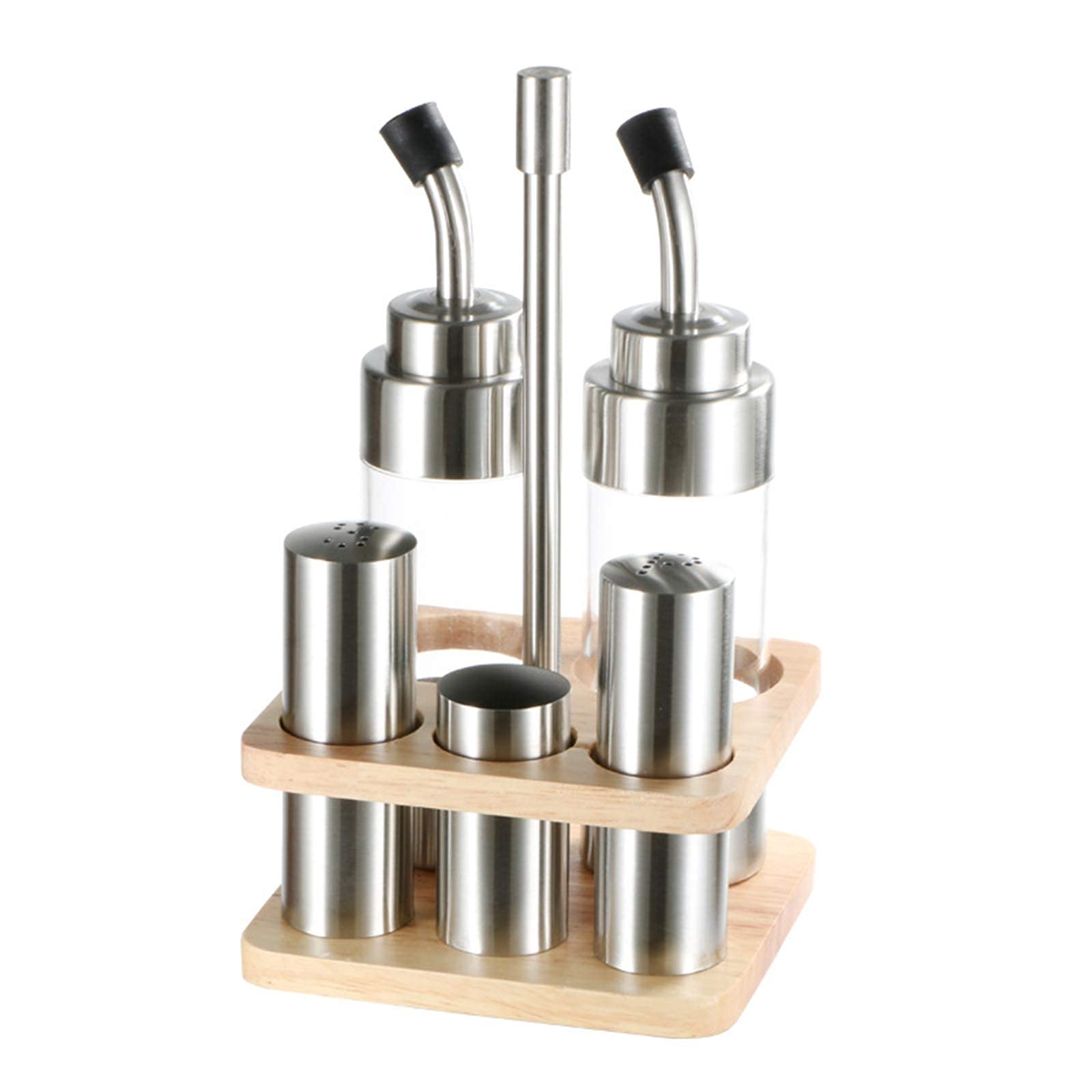 BERTY·PUYI Set Per Bottiglie Per Condimenti Con Base In Legno 5 Pezzi, Per Sale, Pepe, Aceto, Olio, Supporto Per Dispenser Aceto/Olio, Macina Sale, Macina Pepe.