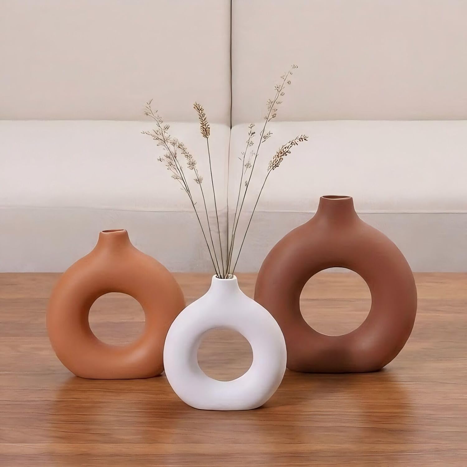 Ceramic Vases Set of 3 Home Decor- Modern Farmhouse, Boho, Aesthetic Brown/White Flower Vase for Living Room Shelf Entry Way Table Centerpiece Decorations (Brown)