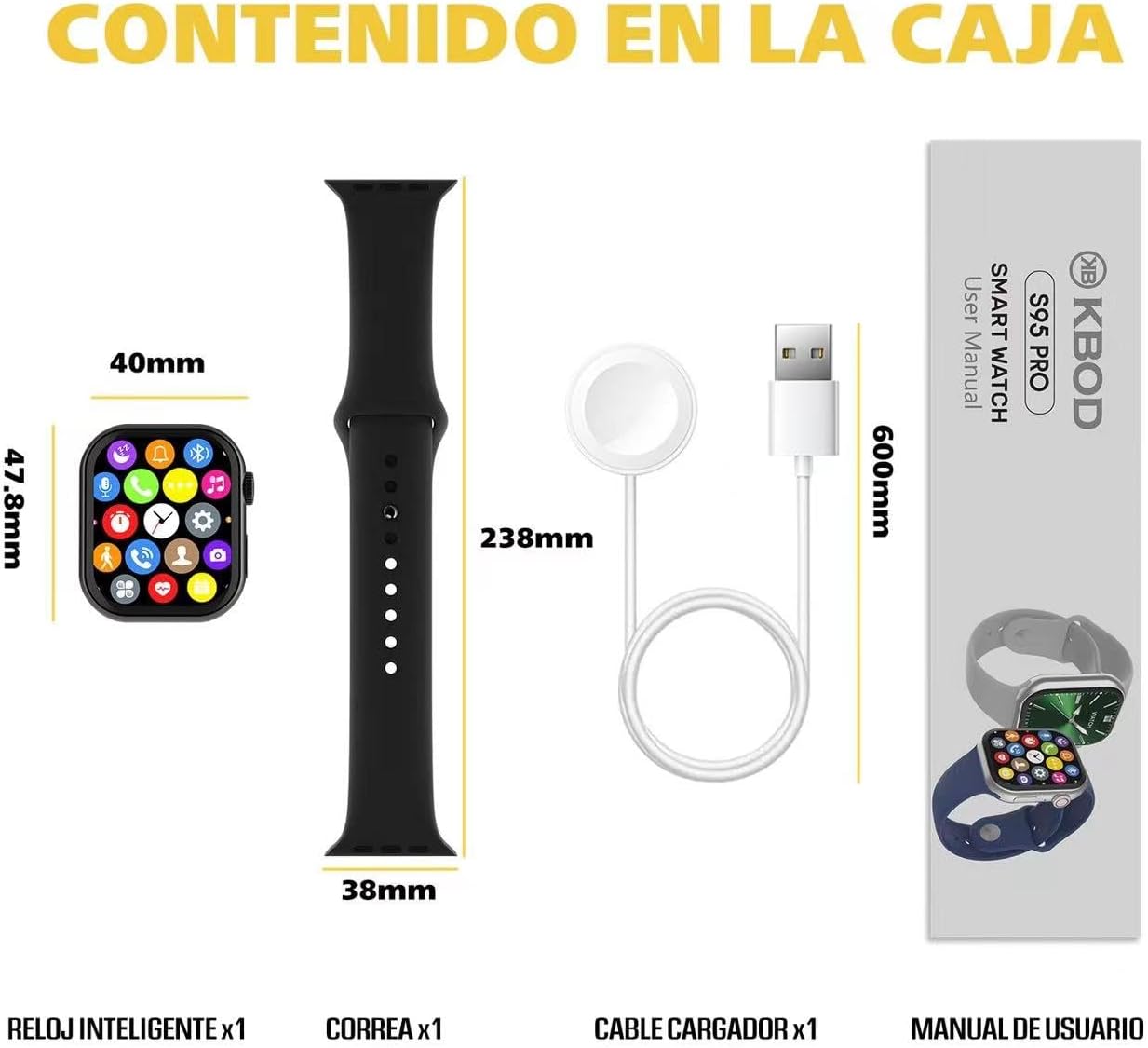 Diagram showing the contents of the KBOD Smartwatch S95 Pro box: smartwatch, silicone strap, magnetic charger, and user manual.