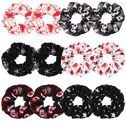 12PCS Halloween Blood Hair Scrunchies Spooky Horror Eyeball Skull Skeleton Moon Star Ghost Hair Ties for Women Girls Ladies Party Gifts