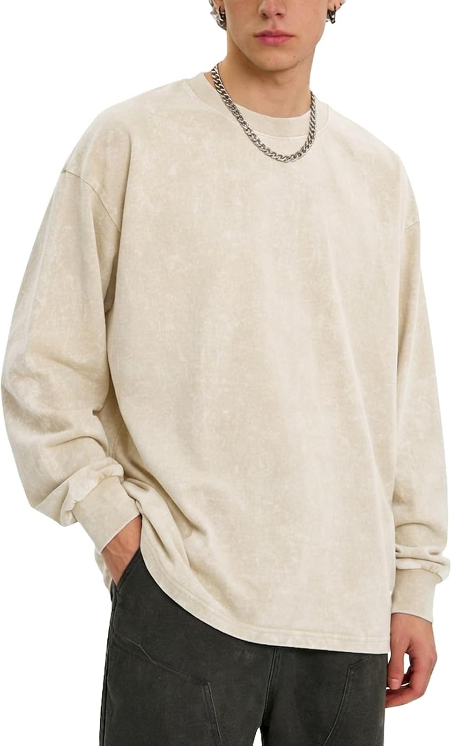 Oversized T-Shirts for Men Crewneck Long Sleeve Cotton Tees Vintage Acid Boxy Basic Teen Tops