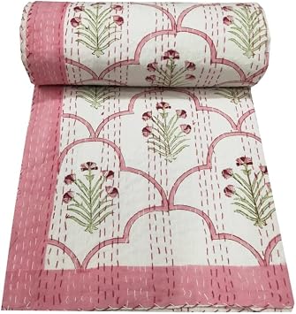 Indian Hand Block Print Kantha Quilt Queen Size Quilt Kantha Bedspread White Quilt Cotton Kantha Throw Bedding Twin 90 X 60 Inch, Pink