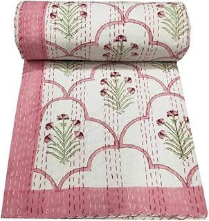 Indian Block Print Quilt Kantha Quilt Queen Size Throw Blanket Bedspread...