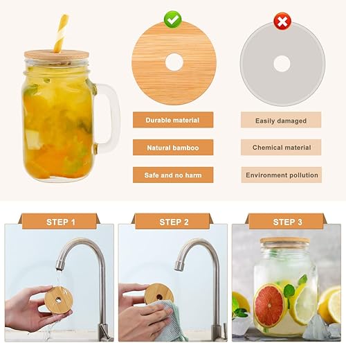 Miniatura 4 de 8 tapas de bambú para frascos con agujero para pajilla, tapas de botellas reutilizables de bambú con anillo para protección de bebidas