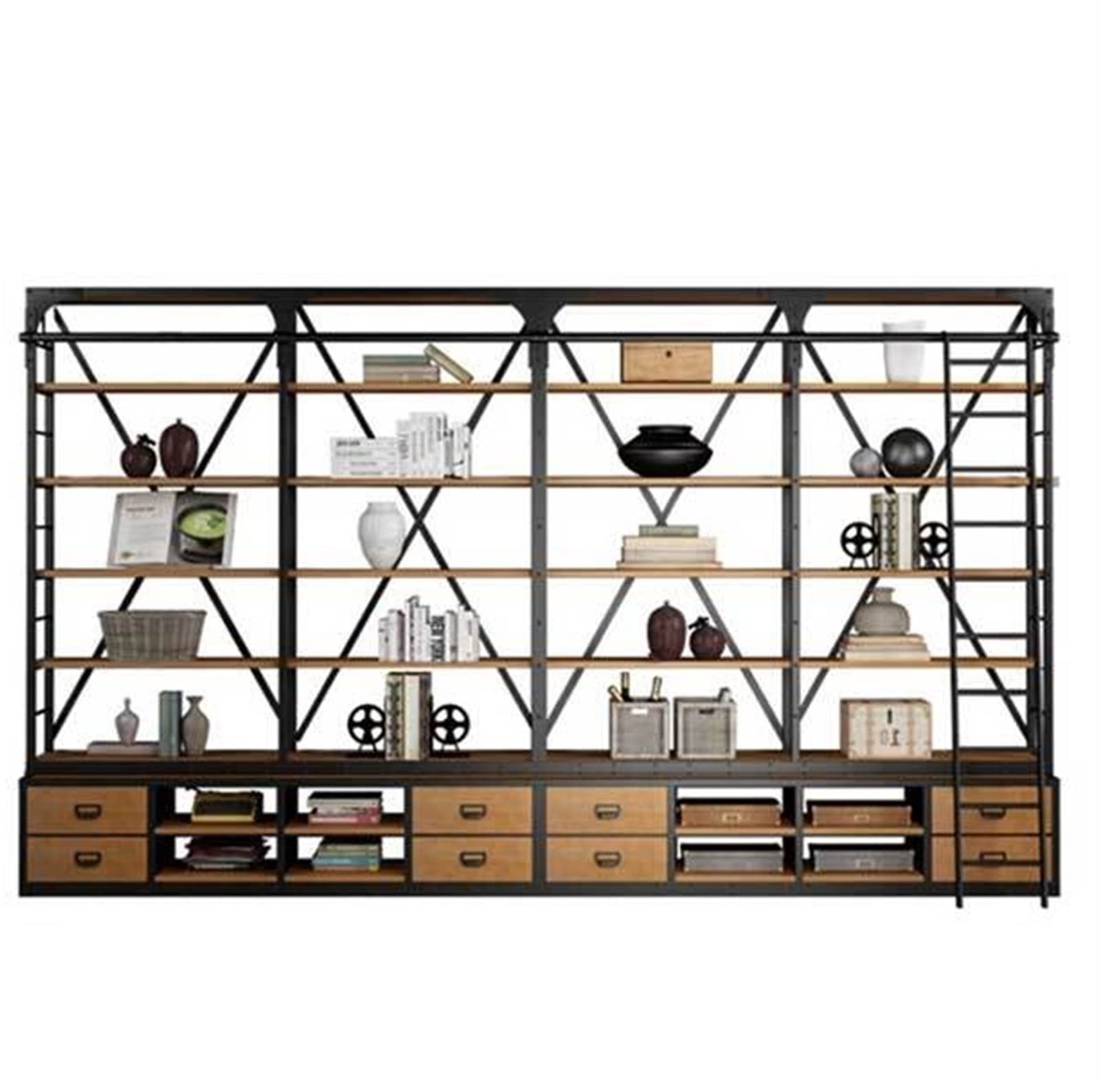 Solid Wood Bookshelf Retro Floor-to-Ceiling Bookcase, Living Room Industrial Style Multi-Layer Rack Color : 137x15x86in (Solid Wood)