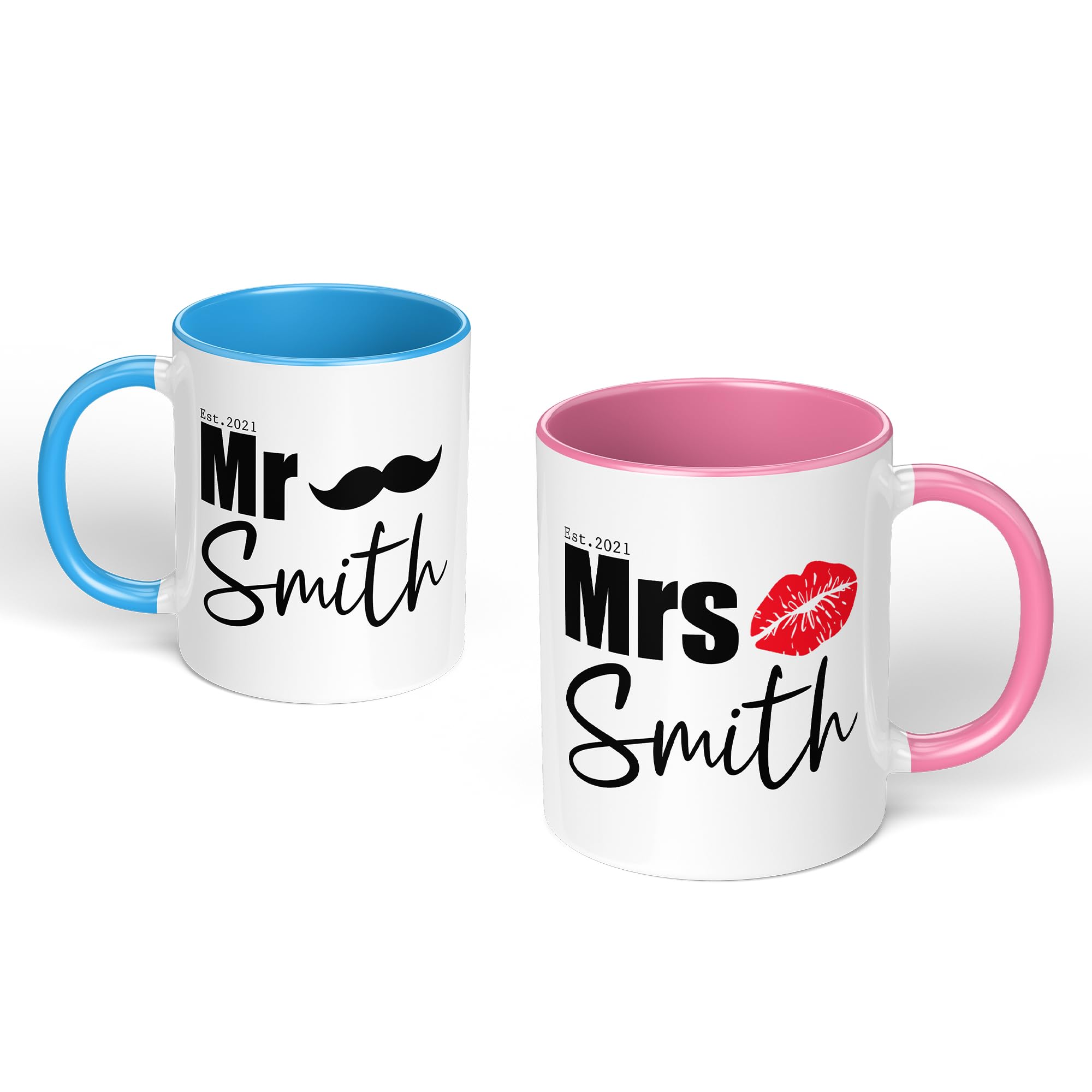 Print Maniacs Valentine's Day Anniversary Birthday Mug Personalised Gift Present Funny Humor for Him Husband Boyfriend Her Wife Girlfriend Established Mr Mrs Right Lips (Pink and Blue Set)