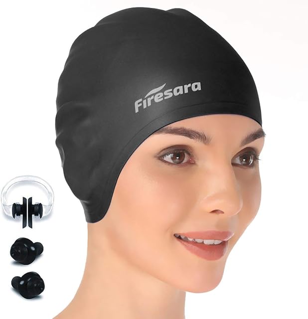 firesara Swim Cap, Silicone Swimming Cap for Long Short Hair 3D Design Non-Slip Waterproof for Adult Men Women Kids Swim Hat with Nose Clip Ear Plugs
