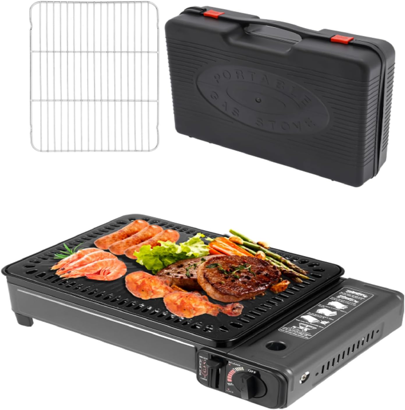Portable Butane Gas Grill Set, Adjustable Firepower Gas Grill Stove High Safety Tabletop Stove with Baking Sheet, Brush and Grilling Net, Korean BBQ Japanese Yakitori Camping Butane Stove