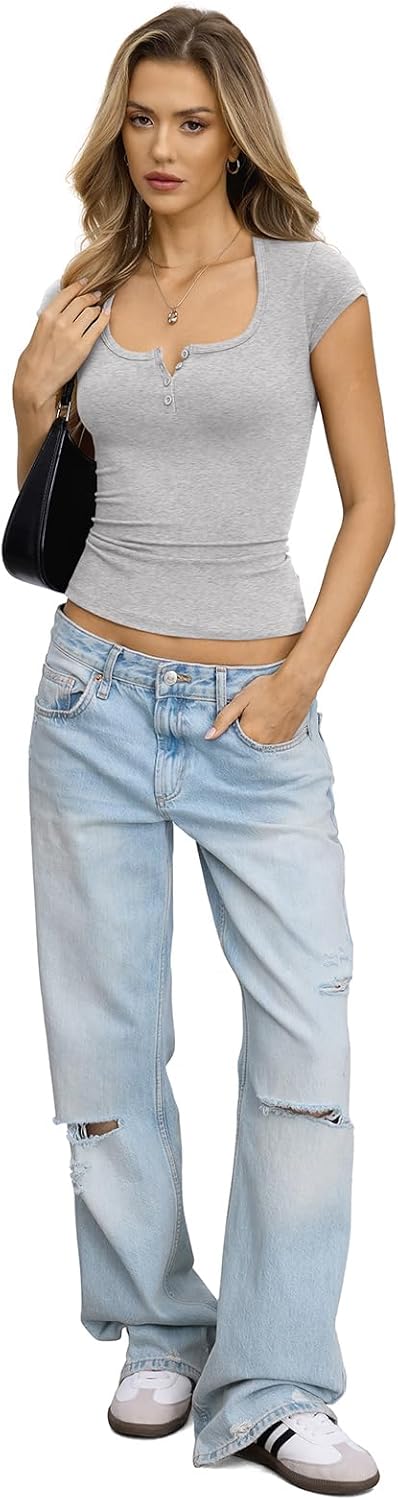 Womens Cotton Henley Shirts Square Neck Short Sleeve Tops Slim Fit Summer T-Shirt Trendy Outfits Clothes 2026 - Image 6