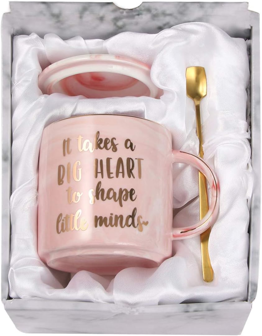 Teacher Appreciation Gift - It Takes A Big Heart to Shape Little Minds - Gift for for Preschool, Elementary, High School Teacher- Pink Marble Ceramic Coffee Mug 11oz