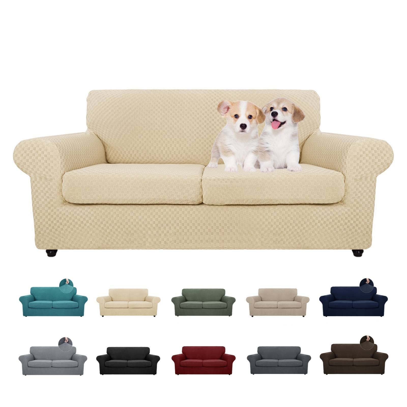 MAXIJIN 3 Piece Stretch Couch Covers for 2 Cushion Couch Sofa Slipcovers with 2 Extra Large Seat Cushion Couch Newest Jacquard Loveseat Sofa Couch Cover for Dogs (2 Cushion Sofa, Light Beige)