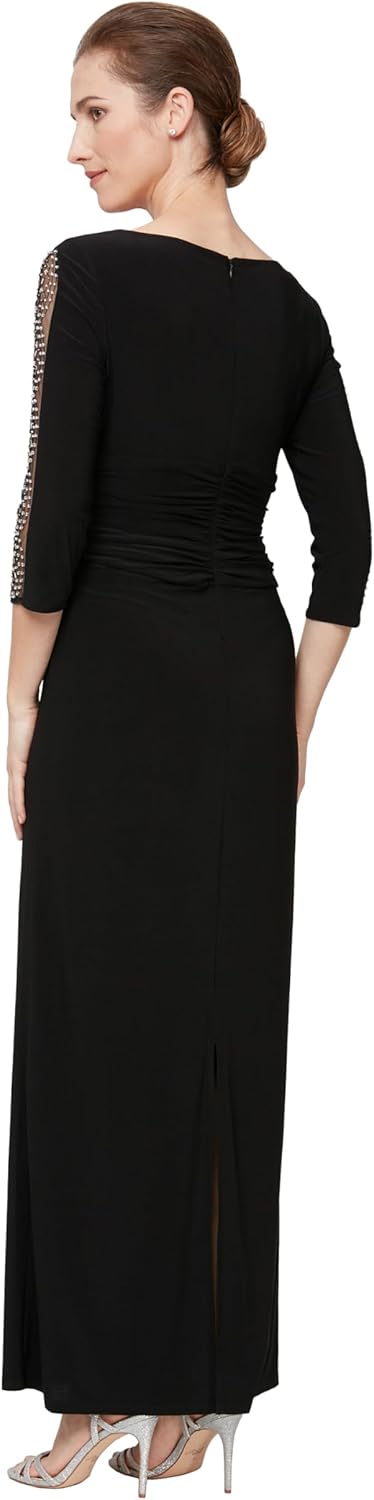 S.L. Fashions Womens Long Length Ruched Waist Formal Evening Dress with Beaded Illusion Sleeves (Petite and Regular Sizes) - Image 2
