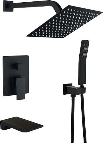 Sistema de ducha para bañera, color negro mate, juego de grifo de ducha y bañera con cabezal de ducha Rian de 10 pulgadas y combo de ducha de mezcla