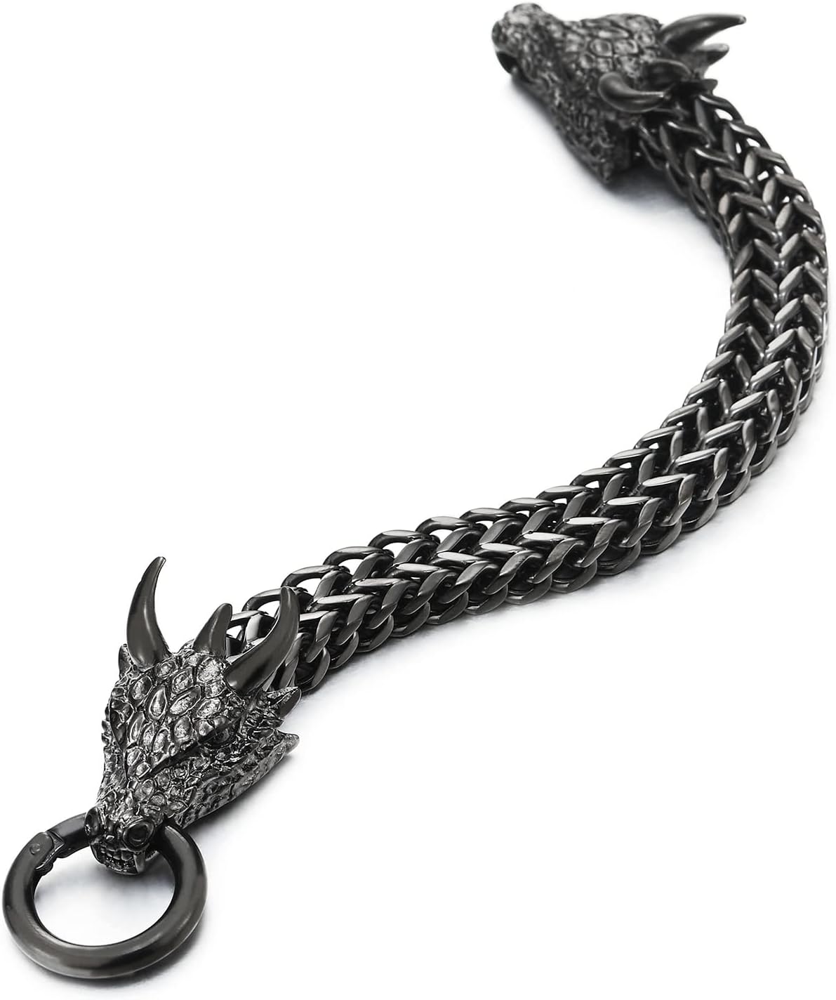 Men Steel Square Franco Chain Curb Chain Bracelet Dragon Head with Scales Spiked Horn, Ring Clasp