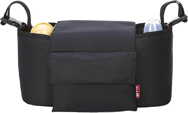 Allis Pram Organiser, 2 in 1 Buggy Organiser with Five Pockets, Universal Fit for Most Pushchairs and Versatile Shoulder Straps, Versatile Design - Black