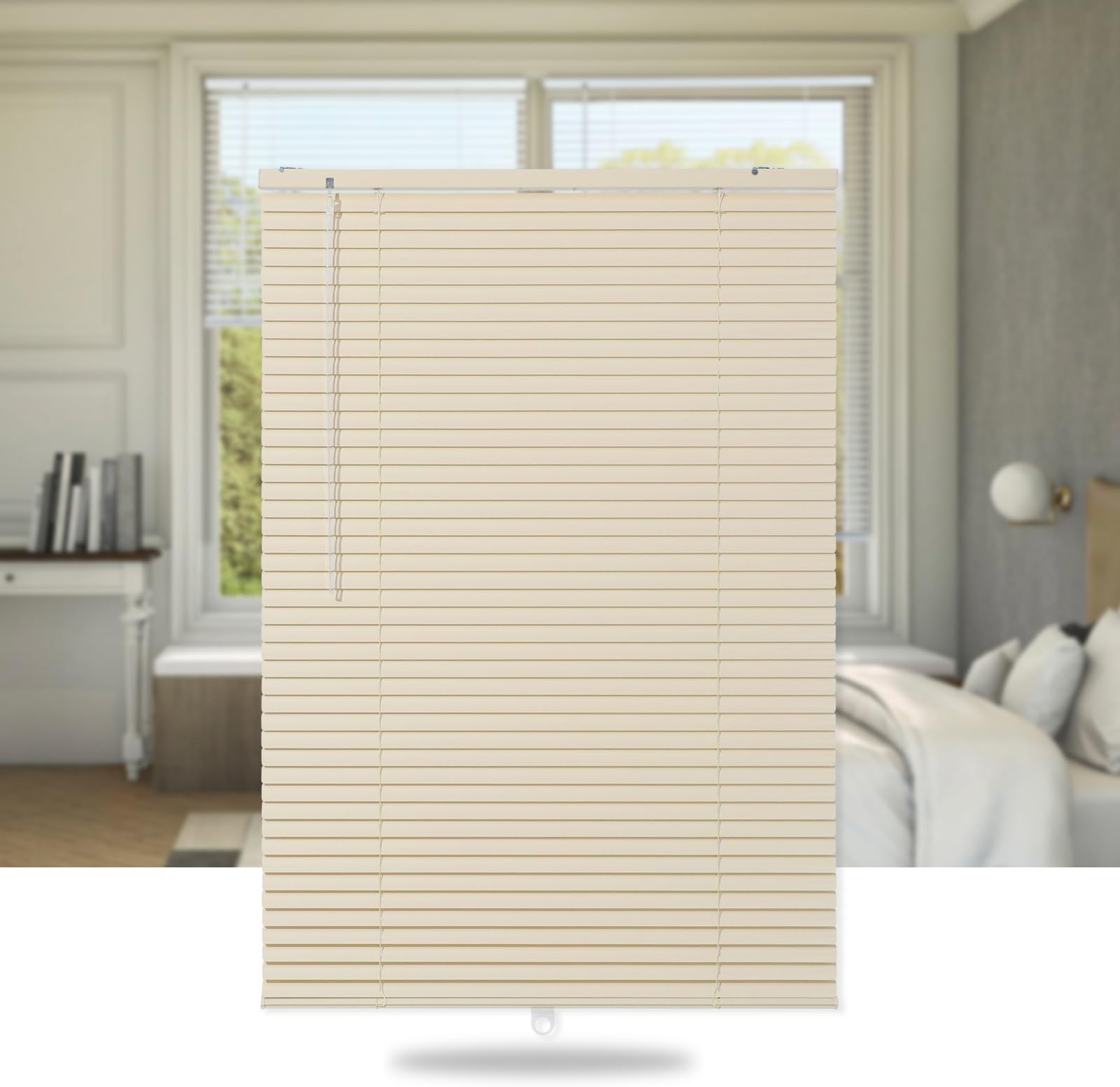 SEEYE Cordless Mini Blinds Aluminum Venetian Blind Horizontal Window Shades, 1" Slat Size - Rooming Darkening Blinds Anti-UV & Waterproof for Bedroom, Office, Easy to Install, 46" W x 48" H, Beige