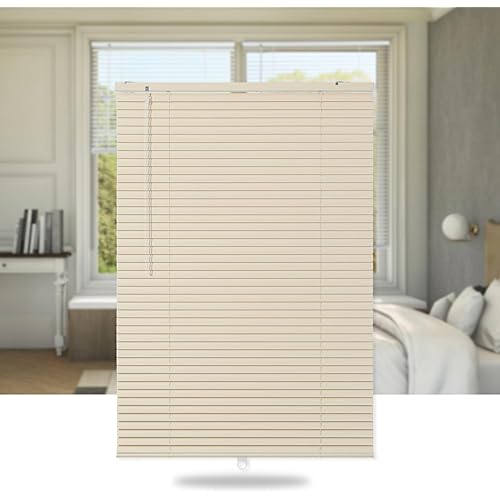 SEEYE Cordless Mini Blinds Aluminum Venetian Blind Horizontal Window Shades, 1" Slat Size - Rooming Darkening Blinds Anti-UV & Waterproof for Bedroom, Office, Easy to Install, 70" W x 64" H, Beige