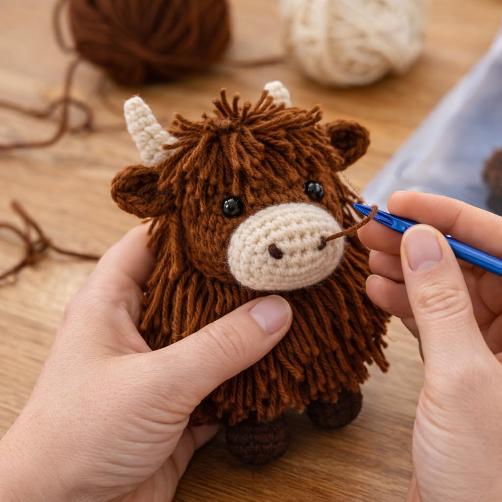 Leisure Arts Häkelset Amigurumi Hochlandkuh Braun, Häkelset Anfänger, Anfänger für Erwachsene, Tierset, Kits für Anfänger, Häkeln