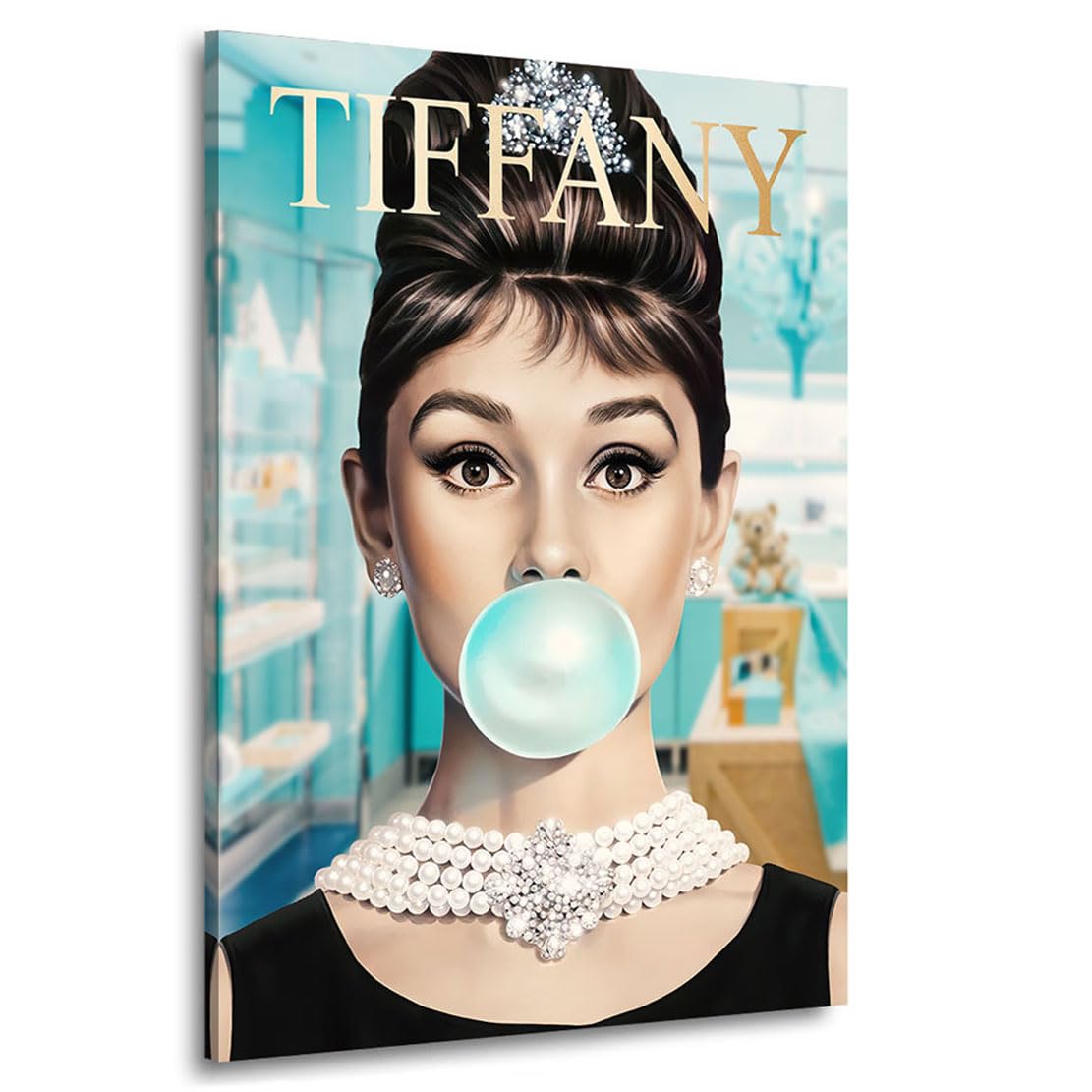 Kunstgestalten24 | Audrey Hepburn Kunst Pop Art Bild Kaugummi Blase | Leinwand Bild | Wohnzimmer bilder | Wandbilder | Wanddeko | XXL Bilder auf Leinwand | Moderne Bilder | Hochwertige Kunstdrucke