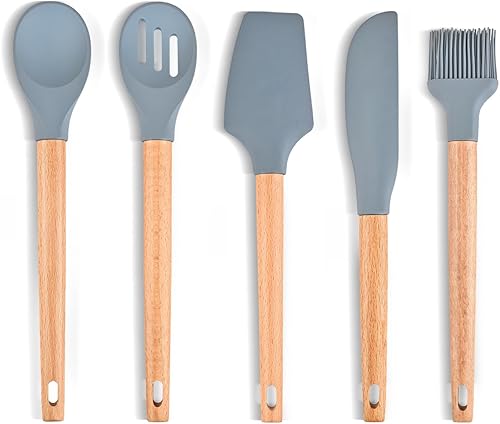 Juego de espátulas de silicona, espátula de goma de grado alimenticio, 5 piezas, mango fuerte antiadherente mejorado con agarre ergonómico,