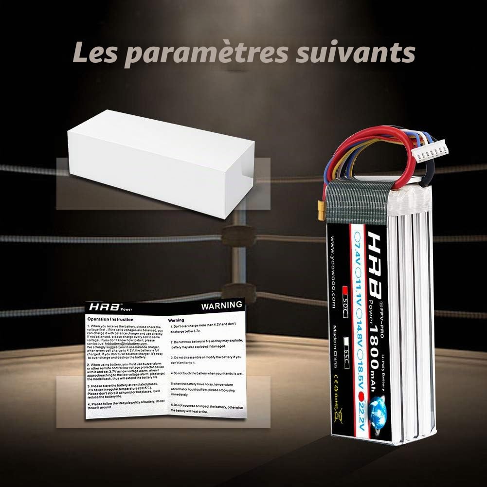 HRB 2pcs Batterie LiPo 1800mAh 6S 22.2V 50C avec XT60 au connecteur Deans T pour SAB380 Align 470 ALZRC Devil 380 480 Hélicoptère Avion Voitures Camion Buggy Truggy Drones Multicopter