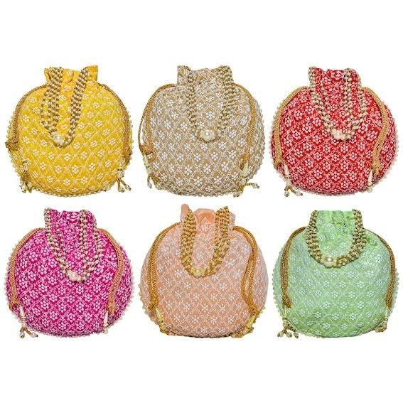 Image of Women Potli Bags | Zari Embroidered Silk With Drawstring | Traditional Return Gifts for Mehandi, Haldi, Baby Shower, Wedding, Sangeet, Seemantham