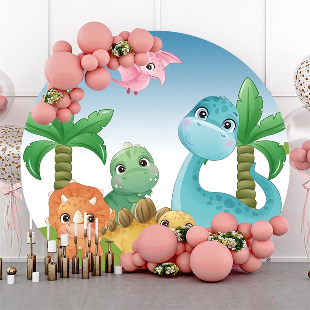 AOFOTO 6x6ft Cartoon Baby Shower Backdrop Round Cover for Photography Cute Dinosaur Kids Baby Neutral Birthday Party Gifts Decorations Photo Studio
