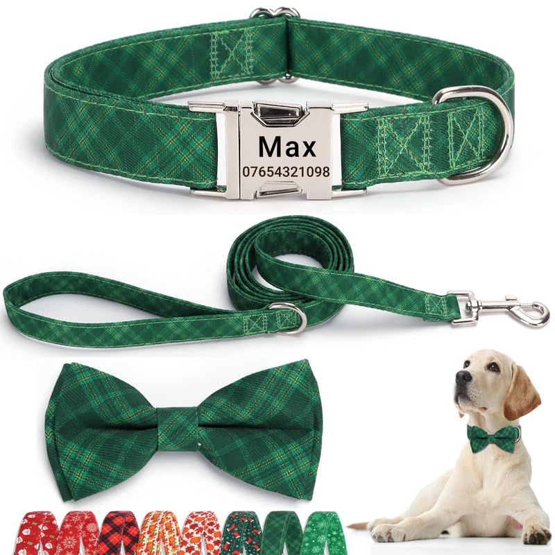 SEOUGEE Christmas Dog Collar Personalised with Bowtie & Lead Set, Adjustable Cotton Dog Collars and Leash with Engraved Metal Buckle for Small Dogs (Green Plaid Set, XS:Neck 20-30cm) — image 1