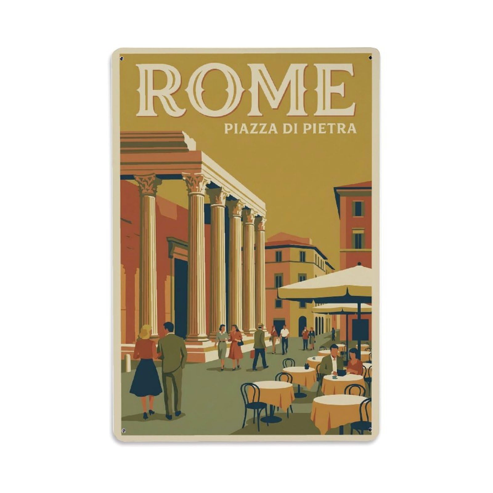 Vintage Travel Rome Piazza Di Pietra Ancient Temple Columns Italy Metal Tin Sign Plaque Wall Decor for Cafe, Club Bar, Office, Home Garden Metal Poster 8x12Inch