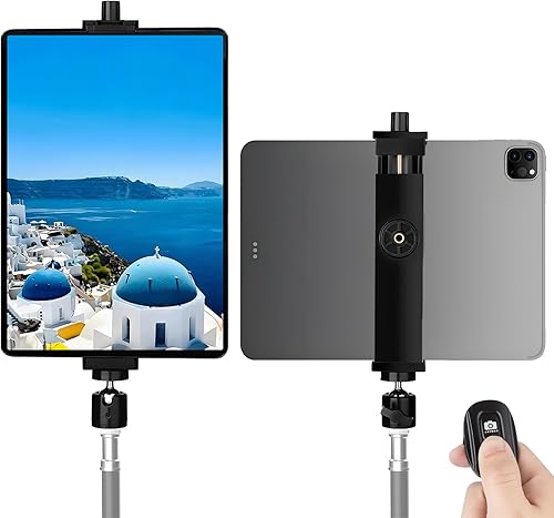 Miniatura 1 de Adaptador de montaje de trípode para iPad con cabeza esférica, soporte universal de abrazadera giratoria 360 con control remoto Bluetooth para iPad
