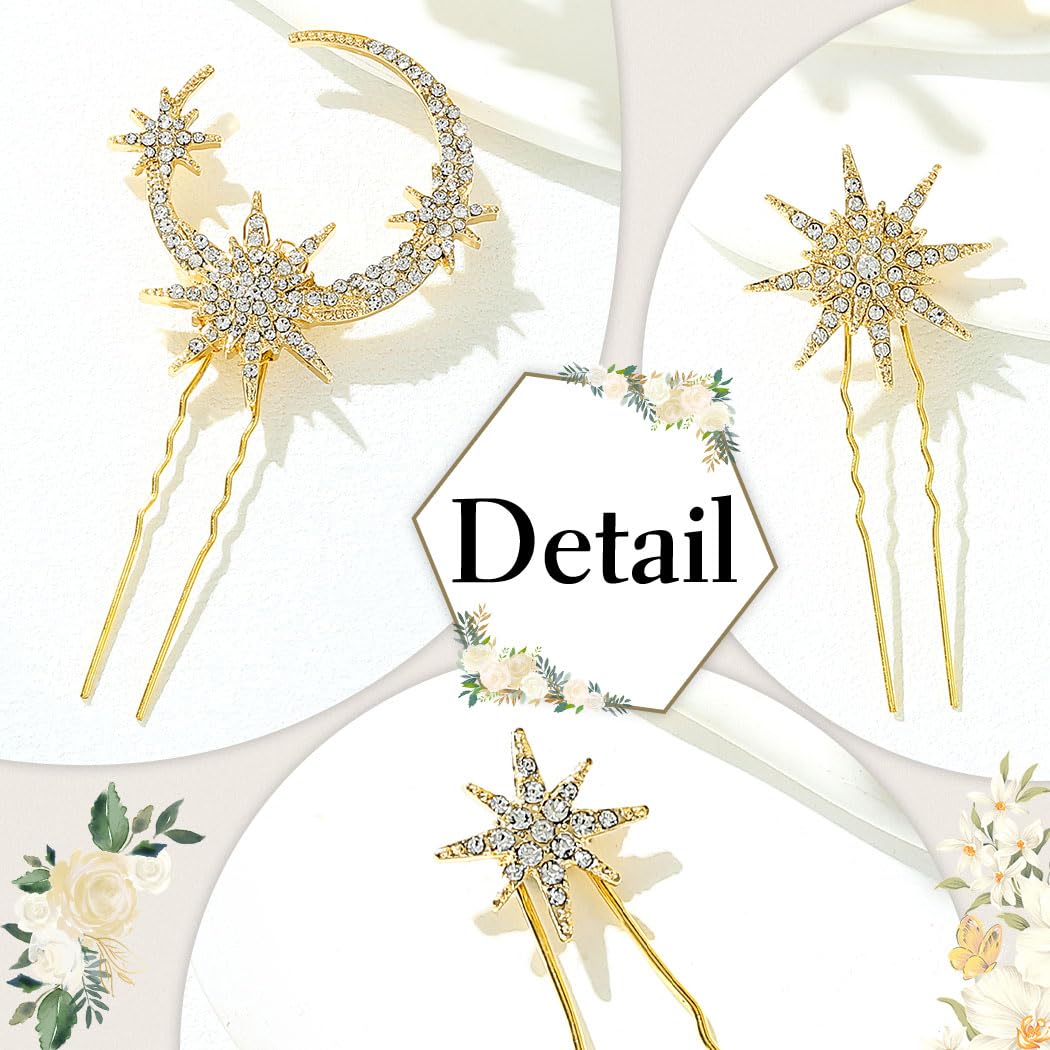 JAKAWIN Gold Hair Clips Rhinestone Star Hair Pin Celestial Hair Accessories | Bridal Wedding Headpiece Decorative for Women