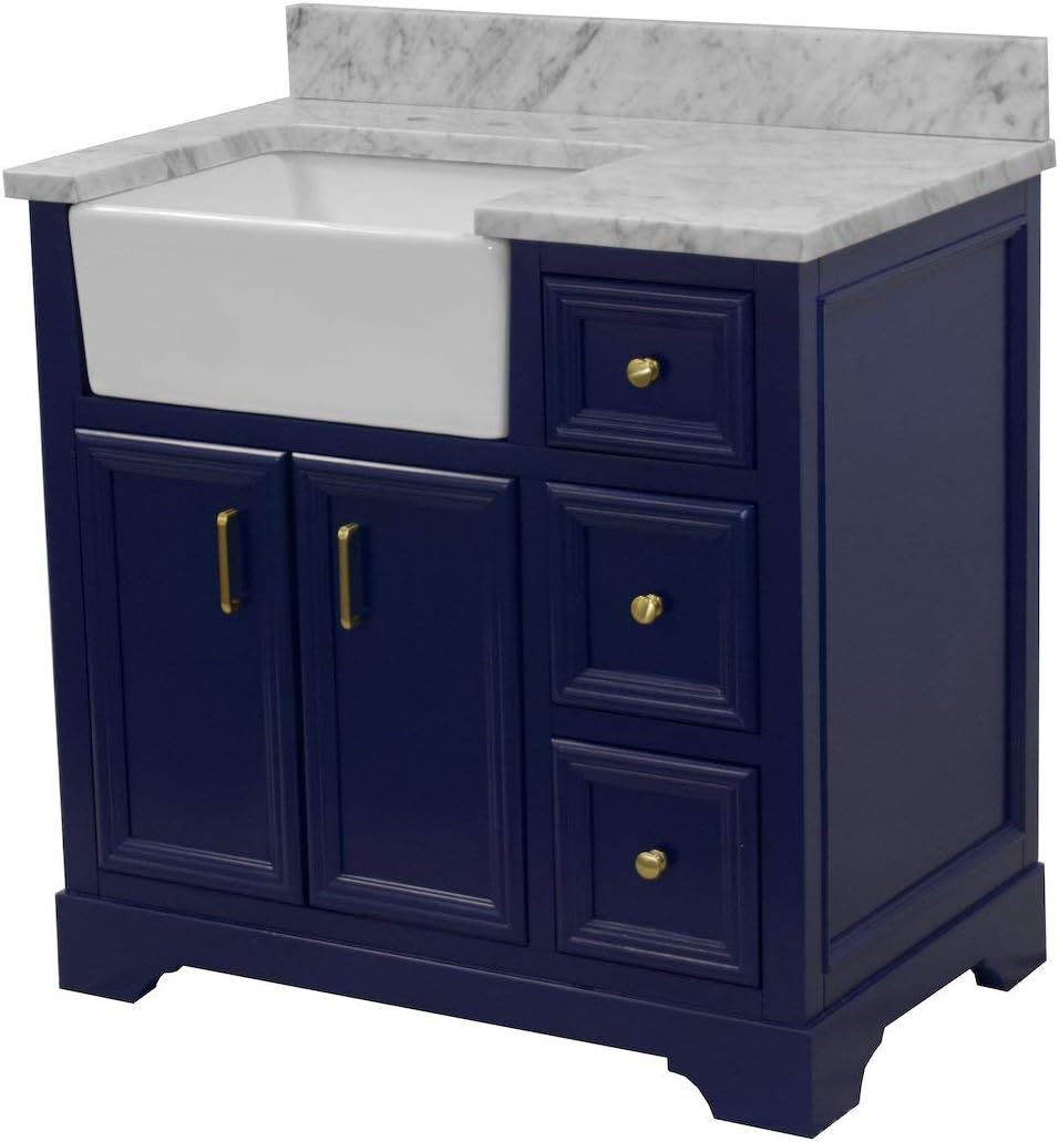 Kitchen Bath Collection Zelda 36-inch Farmhouse Vanity (Carrara/Royal Blue): Includes Royal Blue Cabinet with Authentic Italian Carrara Marble Countertop and White Ceramic Farmhouse Apron Sink