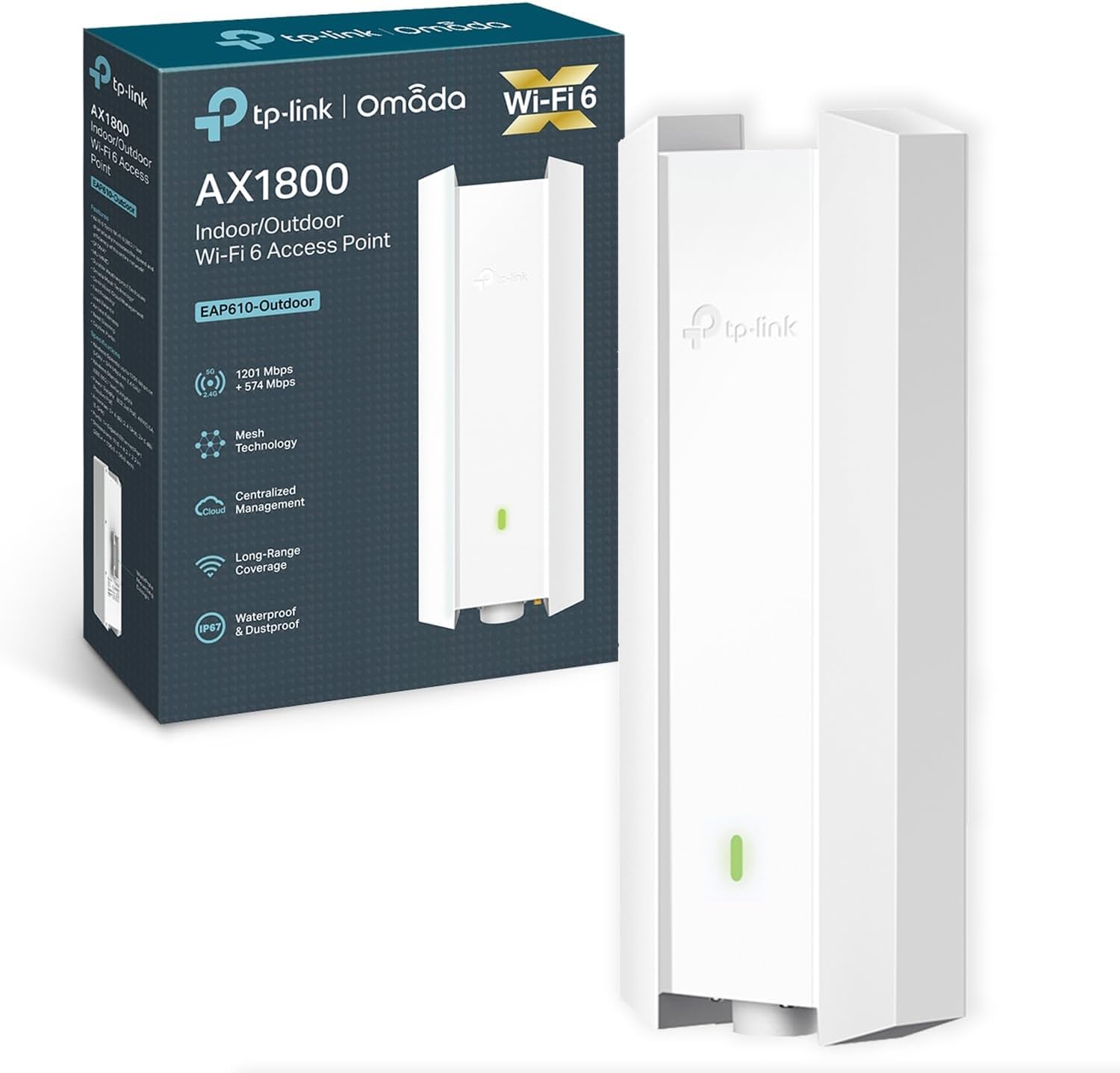 TP-Link EAP610-Outdoor True WiFi6 AX1800 Gigabit Outdoor Access Point Mesh, Seamless Roaming, MU-MIMO PoE+ Powered IP67 Multiple SDN Controller Remote & App Control Support RE Mode