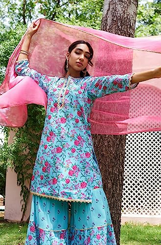 Image of Janasya Women's Sky Blue Georgette Digital Floral Printed Short Kurta with Sharara and Dupatta