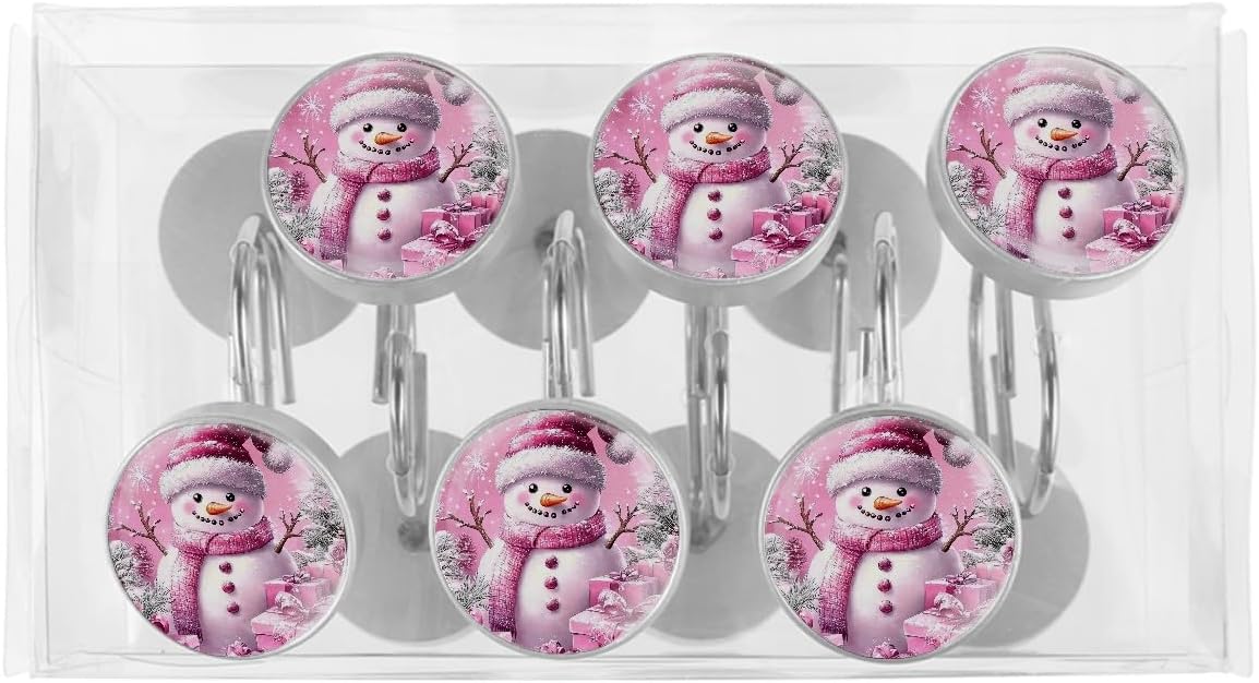 Christmas Snowman Shower Curtain Hooks Stainless Steel Decorative Xmas Pink Shower Curtain Rings for Bathroom Rust Proof 12 Pack Crystal Glass Hangers Rings for Shower Curtain