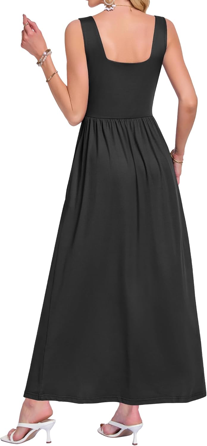 AUSELILY Women's Square Neck Maxi Dress Sleeveless Floral Loose Long Dresses with Pockets - Image 3