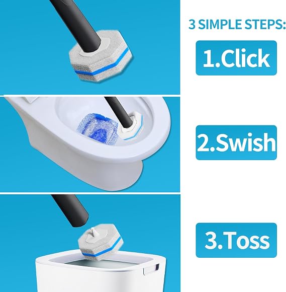 Disposable Toilet Brush with 50 Cleaner Refills Pads,Wall Mounted Toilet Bowl Holder Set,Toilet Cleaning System Starter Kit,Bathroom Cleaning System for Sink Bathtub Wash Basin