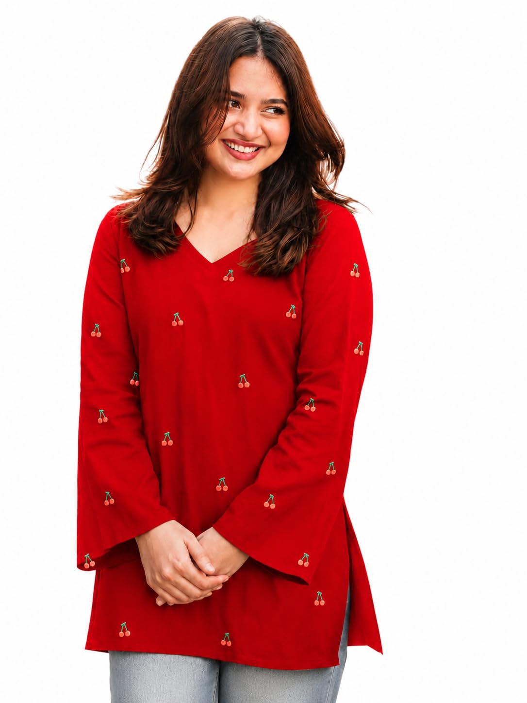 Brand Women's Rayon Embroidered Short Kurti | V-Neck | Full Sleeve | Cherry Embroidery | Regular Fit | Casual, Office & College Wear Top for Women (Red/White/Black)-image-9