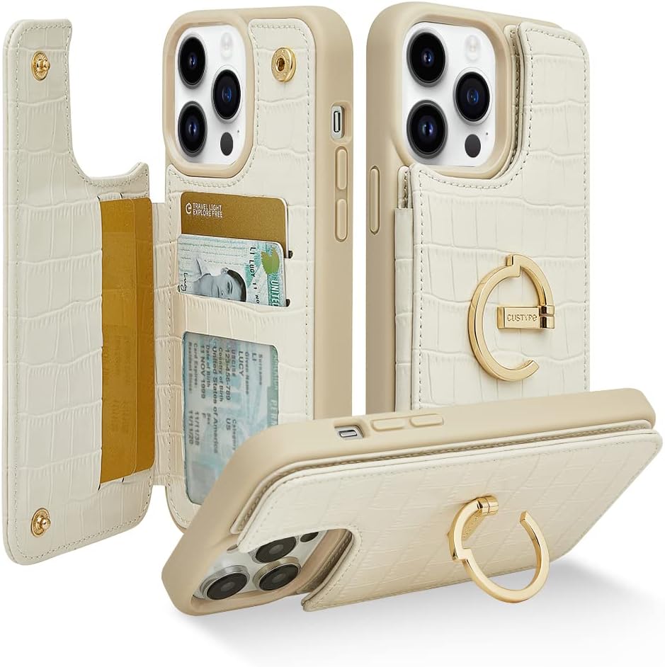 custype for iphone 14 pro phone wallet case with card holder,ring holder kickstand card slots,flip leather case women and men for iphone 14 pro 6.1"-beige iphone 14 pro 6.1" beige