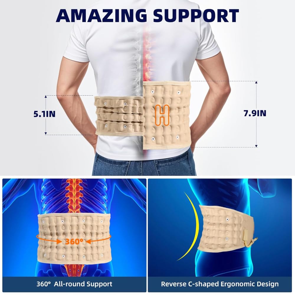 NEWFUN Ceinture Lombaire Avec pompe à air électrique，Ceintures Lombaires，Ceinture gonflable, dispositif de traction, pour le soulagement des douleurs musculaires du dos et la prévention (Bleu)