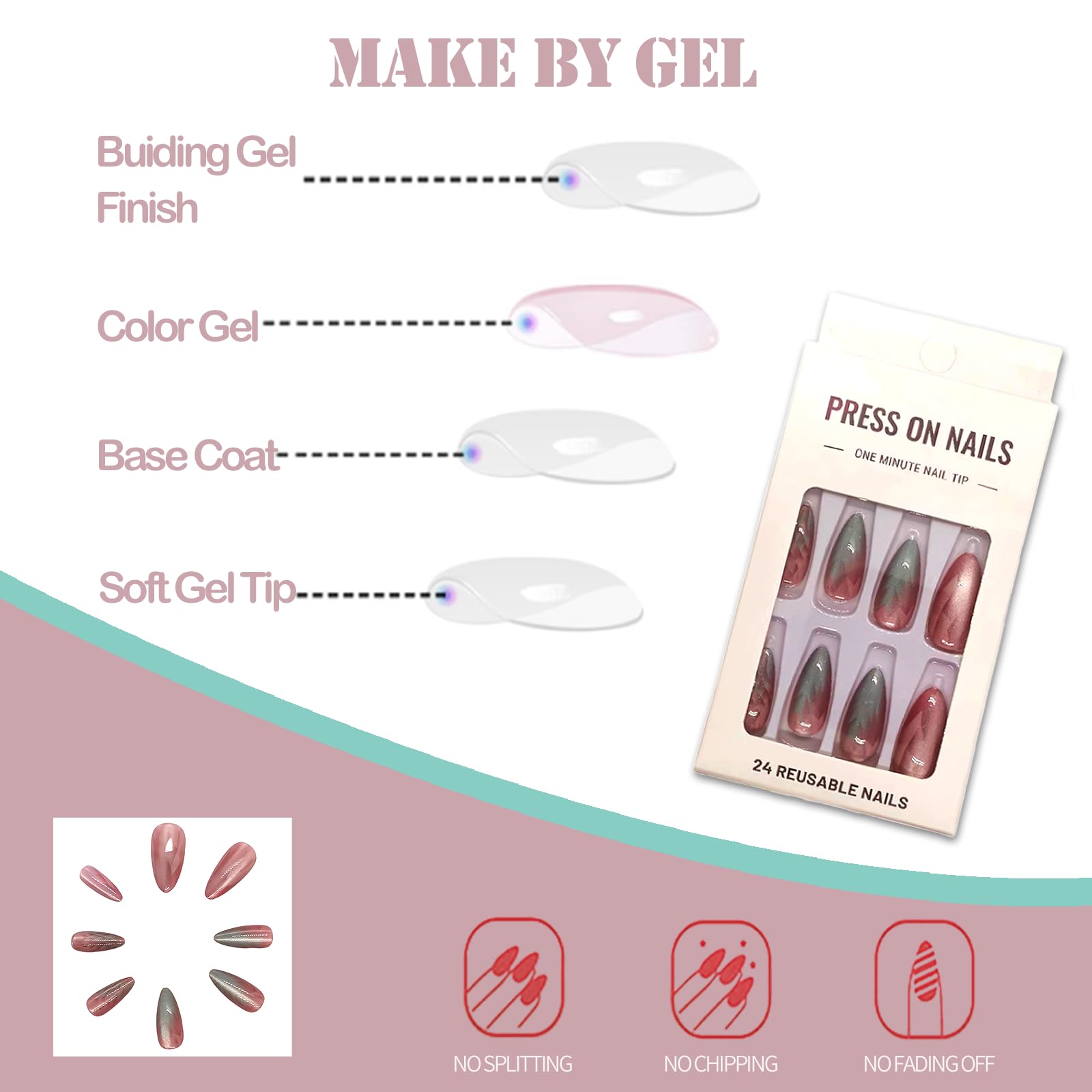LYMCY Press on Nails, Gradient Cat Eye Nail, Artificial Nails for Women and Girls -24 pcs - Image 4