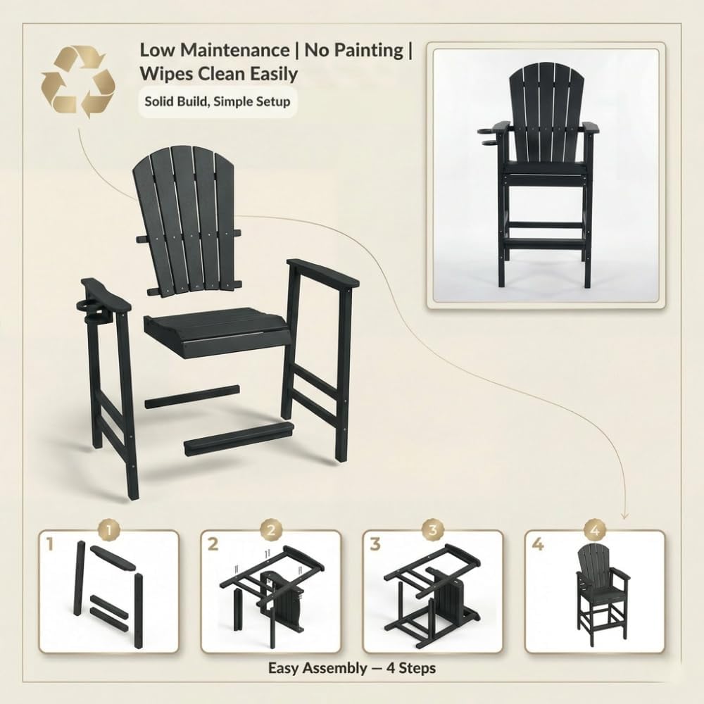 All-Weather HDPE Bar Height Adirondack Chair, Outdoor Patio Bar Chair with Armrests & Cup Holder, UV/Weather Resistant, White (WH) (Black + HDPE + HDPE)