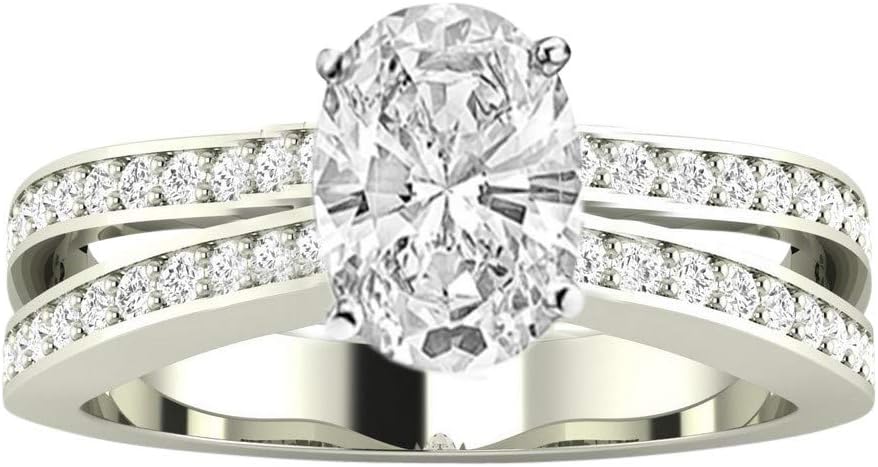 Houston Diamond District LAB GROWN DIAMOND Contemporary Double Row Split Shank Oval Cut Diamond Engagement Ring (G-H Color VS2-SI1 Clarity 2 Ct Center)